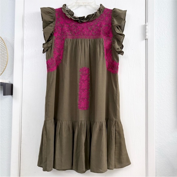 j. marie Dresses & Skirts - J. Marie Oaxaca Embroidered Floral
Olive Green Pink Ruffle Mini Dress Size M